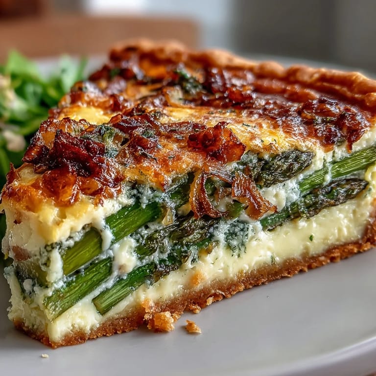 Elegant vegetarian quiche showcasing fresh asparagus, rich Gruyère, and golden caramelized shallots baked to perfection in a crisp crust.