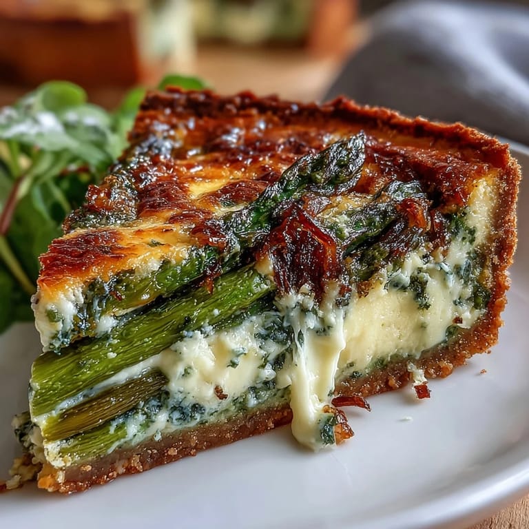 A slice of classic French quiche filled with tender asparagus, creamy cheese, and buttery pastry, perfect for a light spring meal.  