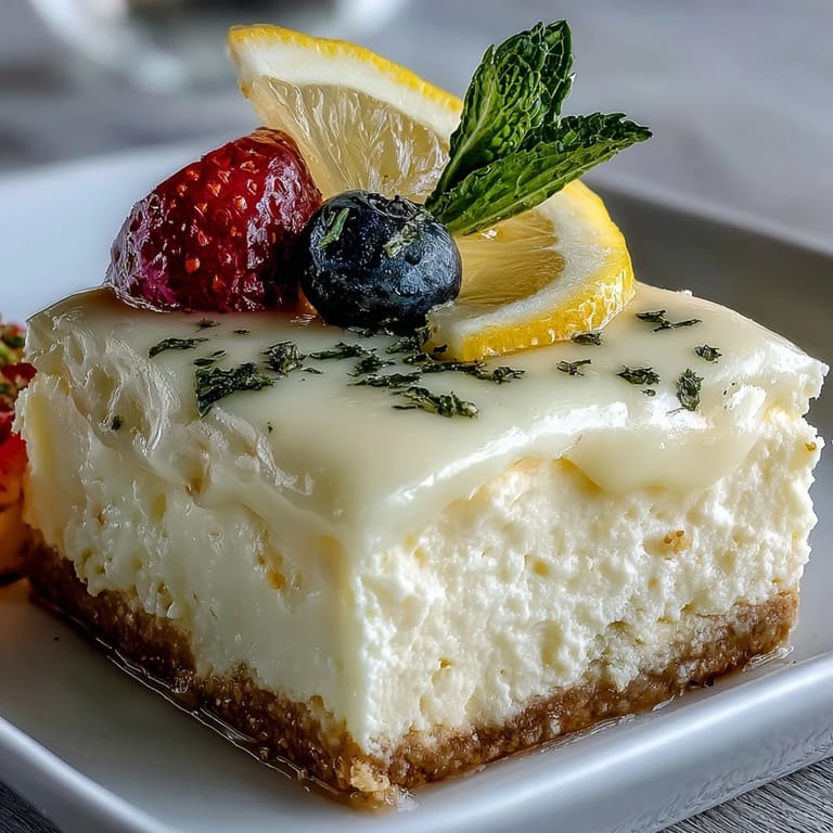 No-bake skyr lemon cheesecake bars, perfectly chilled and ready to enjoy.