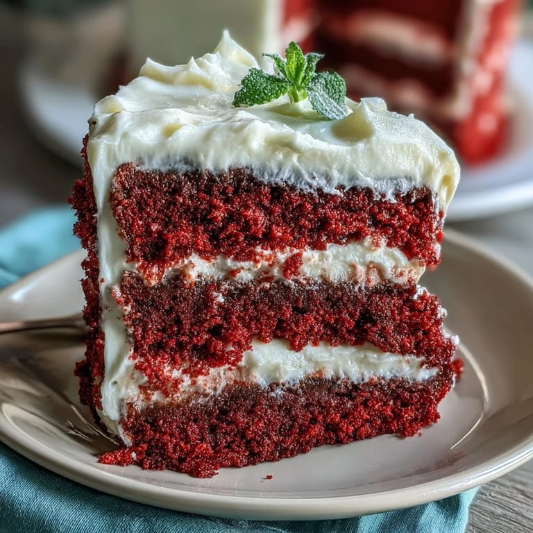 Decadent Juneteenth Red Velvet Cake, showcasing rich red layers and smooth white frosting swirls.