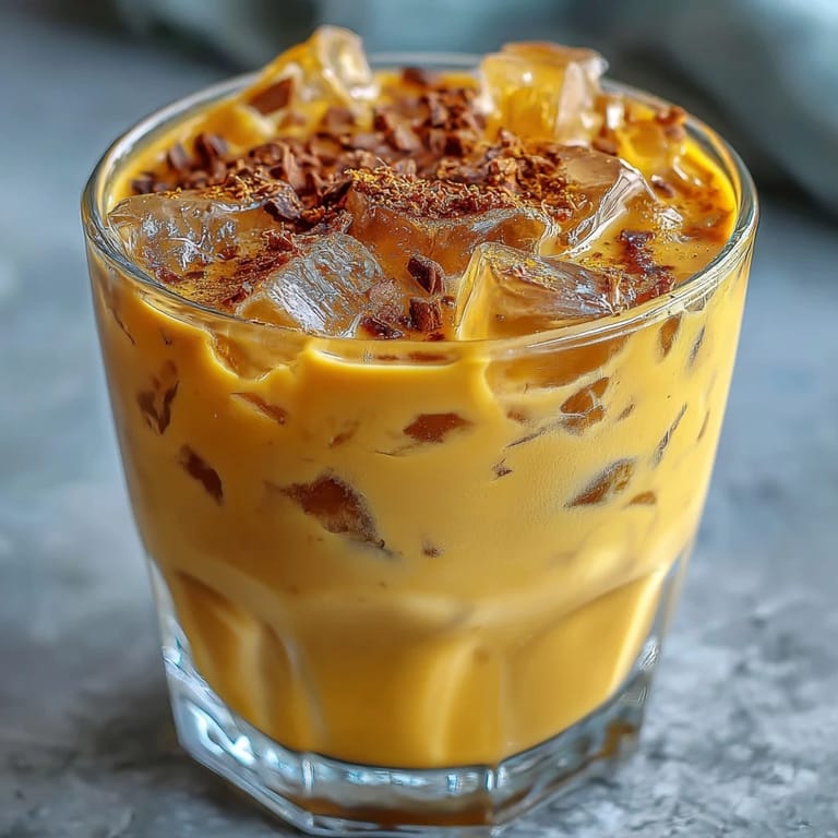 Refreshing Turmeric Golden Milk Iced Latte on ice, perfect for a vibrant afternoon treat.