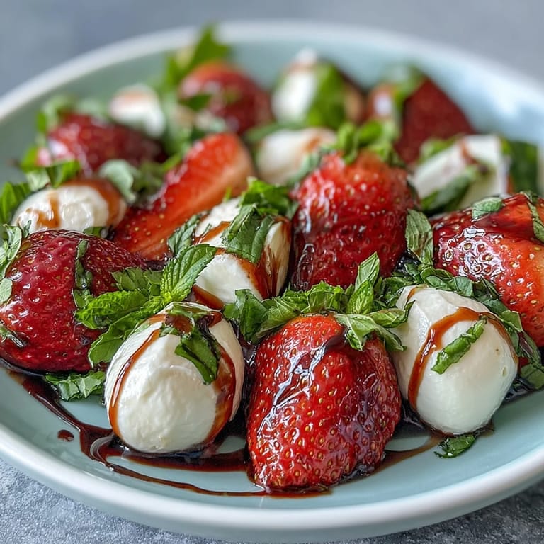 Delectable fresh strawberry Caprese salad, perfectly balanced with balsamic and mozzarella.