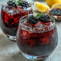 Two elegant glasses of Black Currant and Cassis Cocktail filled with deep purple liquid, garnished with fresh berries and lemon twists, served on a rustic wooden table for a sophisticated aperitif.