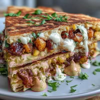 Crispy Cinco de Mayo Street Corn Quesadillas with melty cheese and roasted corn filling, served with smoky chipotle crema.