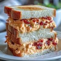 Creamy pimento cheese finger sandwiches stacked on a white platter, perfect for Derby parties and Southern gatherings.