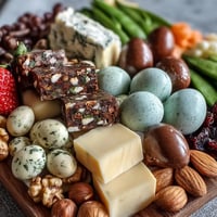 Vibrant mini Easter basket treat board filled with cheeses, meats, fruits, and pastel candies, arranged in festive spring colors.