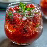Refreshing raspberry lemon spritz mocktail with fresh berries and mint in a tall glass over ice.