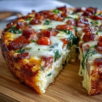 Savory one-pan ham and Swiss frittata with fluffy eggs, tender spinach, and juicy cherry tomatoes baked to golden perfection.