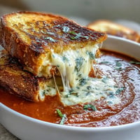 Velvety creamy tomato basil soup with golden grilled cheese croutons, a comforting bowl.