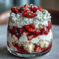 Layers of creamy whipped cream and tart strawberries in this beautiful Strawberry Shortcake Trifle.