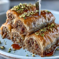 Golden Pistachio Baklava Rolls, crisp and sweet, ready for syrup.