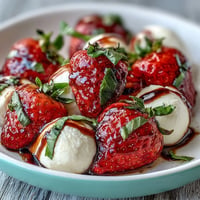 Fresh Strawberry Caprese Salad bursting with juicy berries and creamy mozzarella.